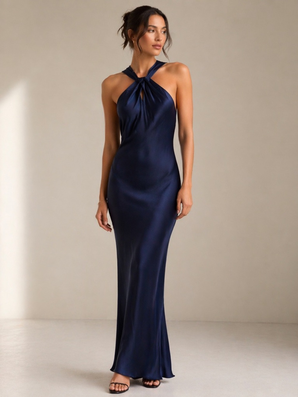 Theory Navy Satin Twist-Halter Maxi Dress